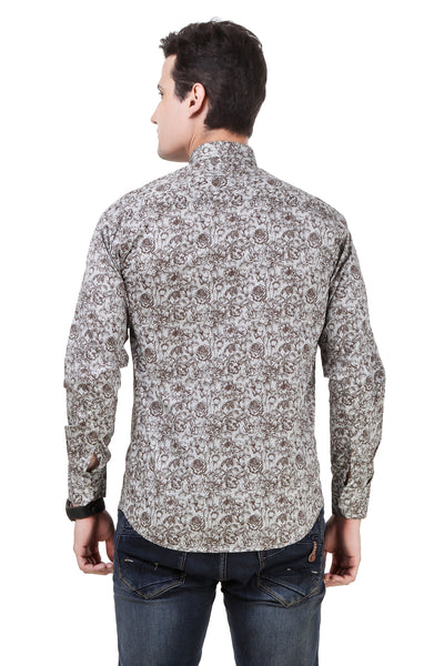 Floral Printed Tailored Fit Grey Cotton Shirt
