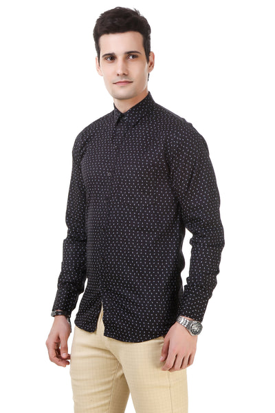 Printed Tailored Fit Black Cotton Shirt