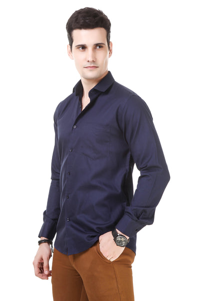 Solid Tailored Fit Dark Blue Cotton Shirt
