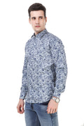 Floral Printed Tailored Fit Blue Cotton Shirt